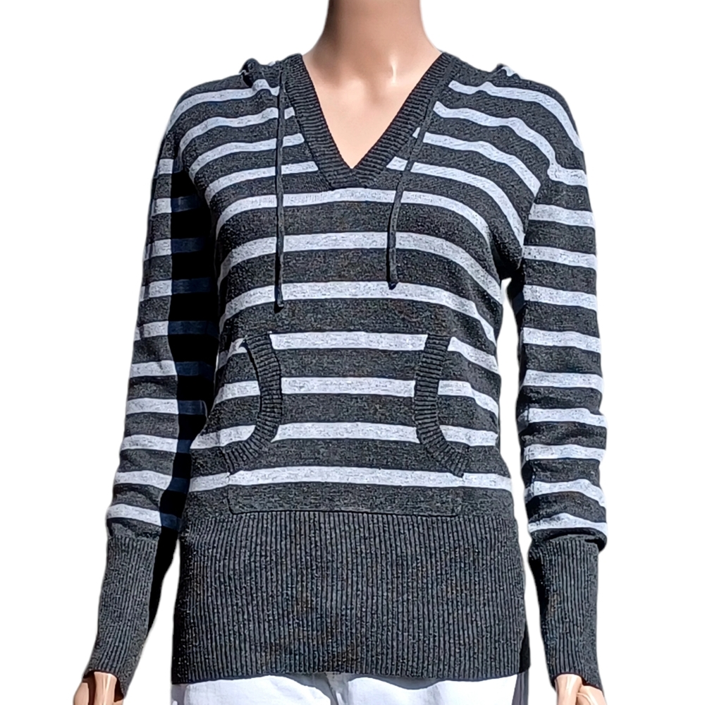 Deb Vneck Women Stretchy Hooded Sweatshirt Gray and White Stripes M
